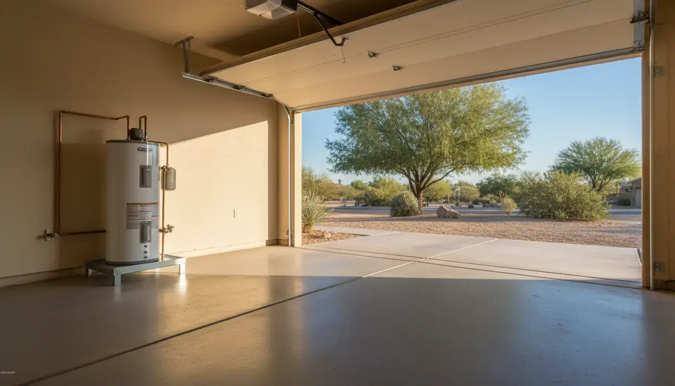 Morning sun across a garage floor toward a tank water heater on its platform