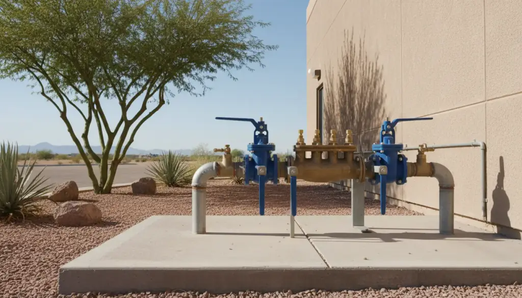 Commercial backflow preventer assembly beside a stucco building