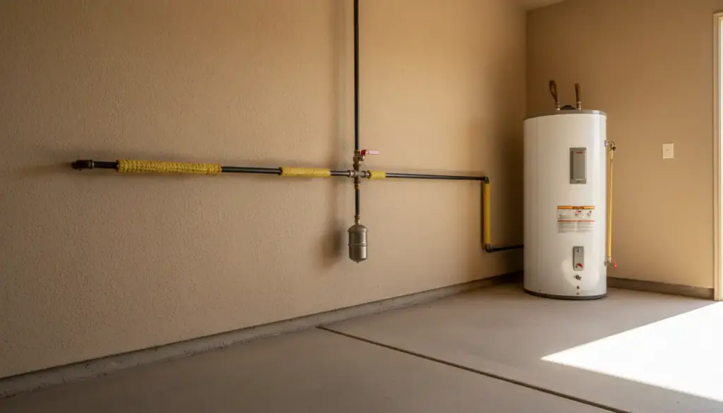 Gas line with shutoff valve and sediment trap running along a garage wall to a water heater