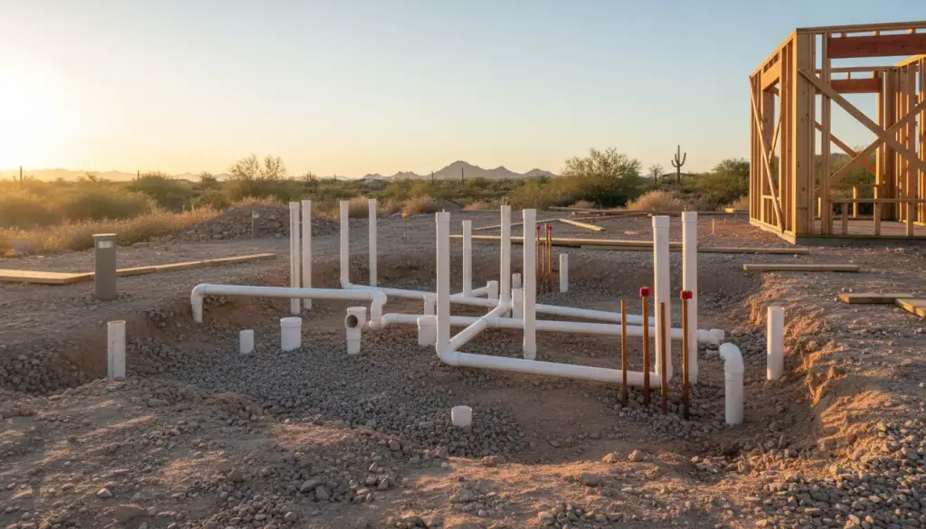 Underground PVC drain rough-in and copper stub-ups on a desert slab site before the pour