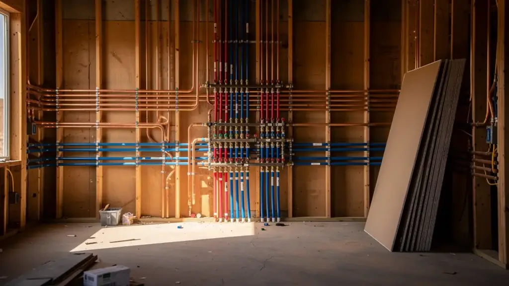 New PEX and copper repipe runs strapped across open wall studs
