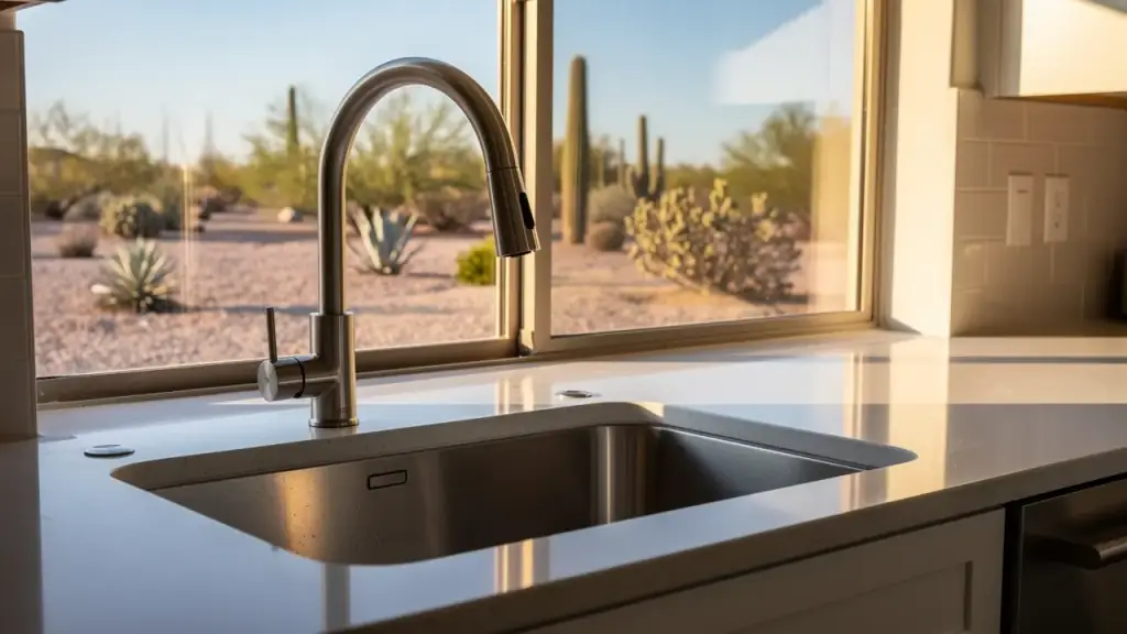 New kitchen faucet and undermount sink beside a window onto desert landscaping