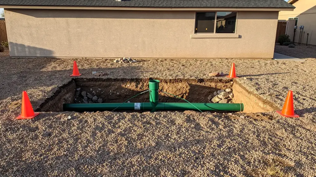 Small excavation in a gravel front yard exposing a new PVC sewer lateral and cleanout riser