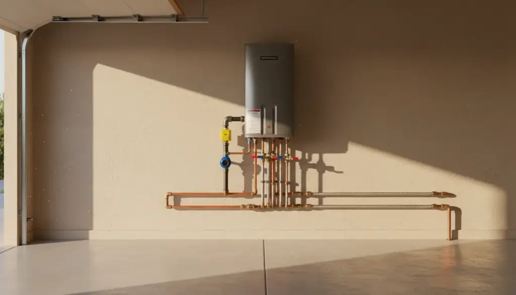 Tankless water heater with isolation valves mounted on a stucco garage wall